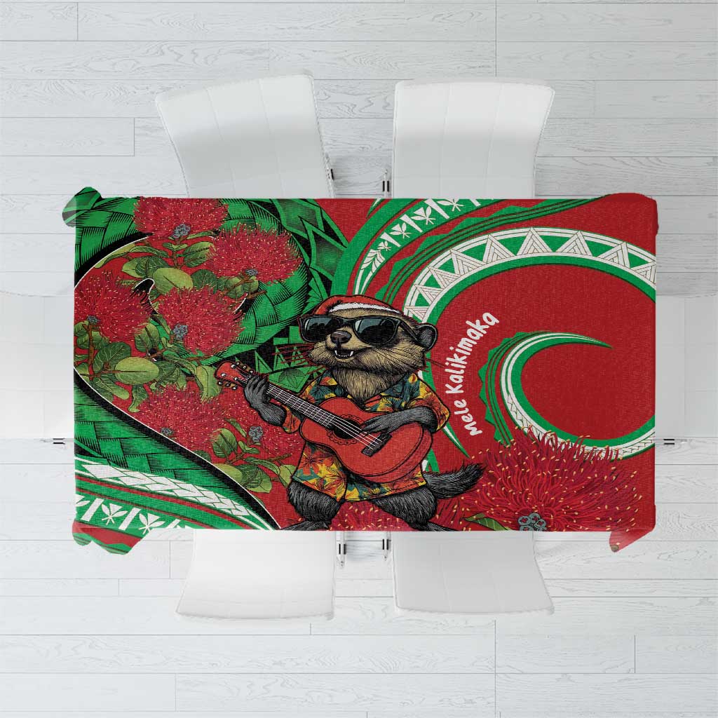 Mele Kalikimaka Hawaii Tablecloth Mongoose Santa With Ohia Lehua LT14 Red - Polynesian Pride