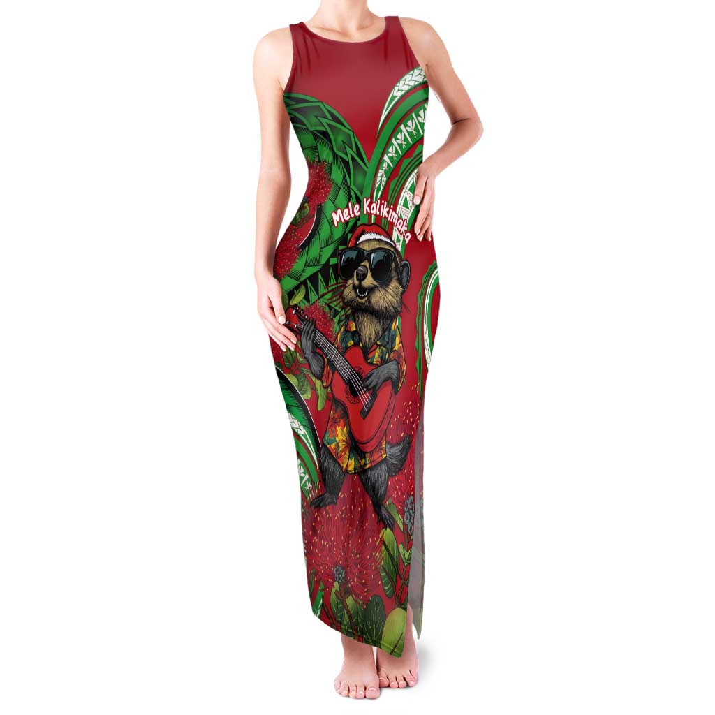 Mele Kalikimaka Hawaii Tank Maxi Dress Mongoose Santa With Ohia Lehua LT14 Women Red - Polynesian Pride