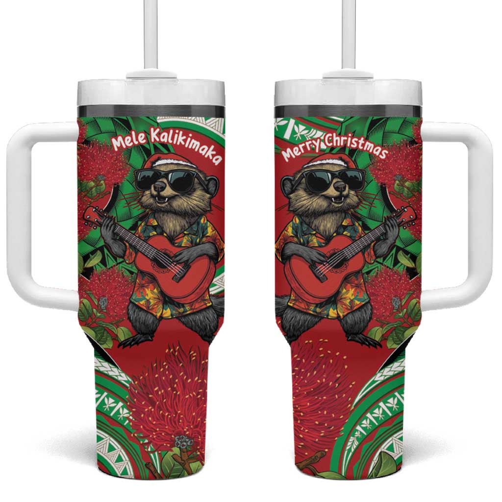 Mele Kalikimaka Hawaii Tumbler With Handle Mongoose Santa With Ohia Lehua