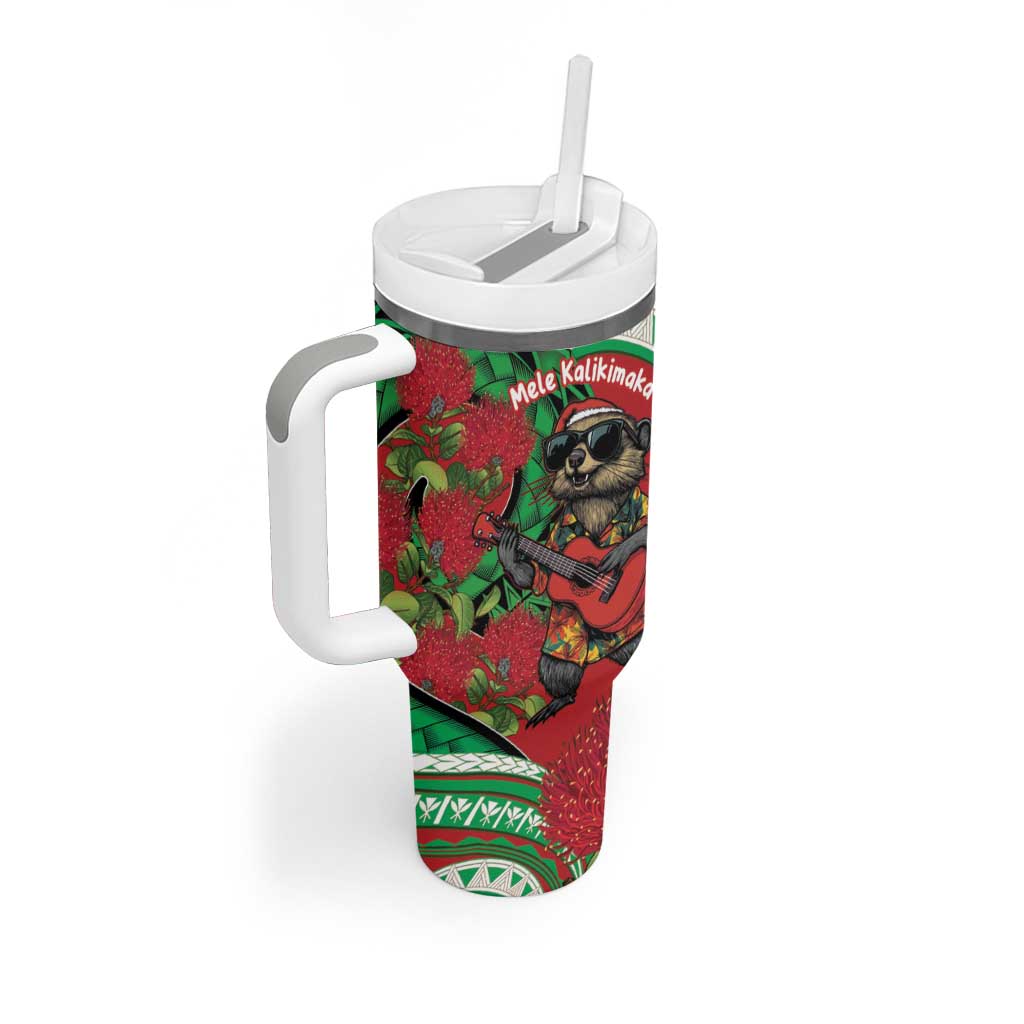 Mele Kalikimaka Hawaii Tumbler With Handle Mongoose Santa With Ohia Lehua