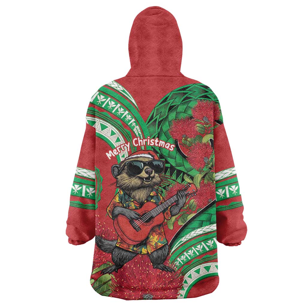 Mele Kalikimaka Hawaii Wearable Blanket Hoodie Mongoose Santa With Ohia Lehua LT14 - Polynesian Pride