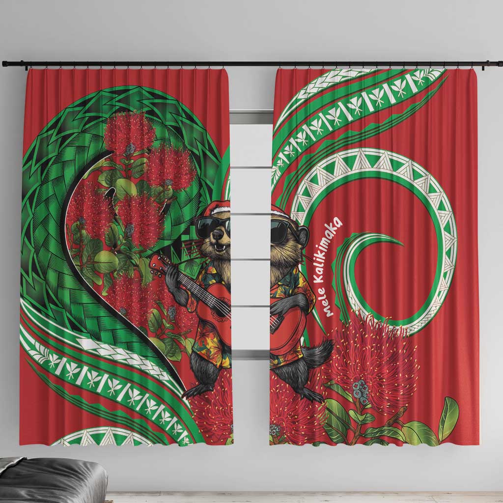 Mele Kalikimaka Hawaii Window Curtain Mongoose Santa With Ohia Lehua LT14 With Hooks Red - Polynesian Pride