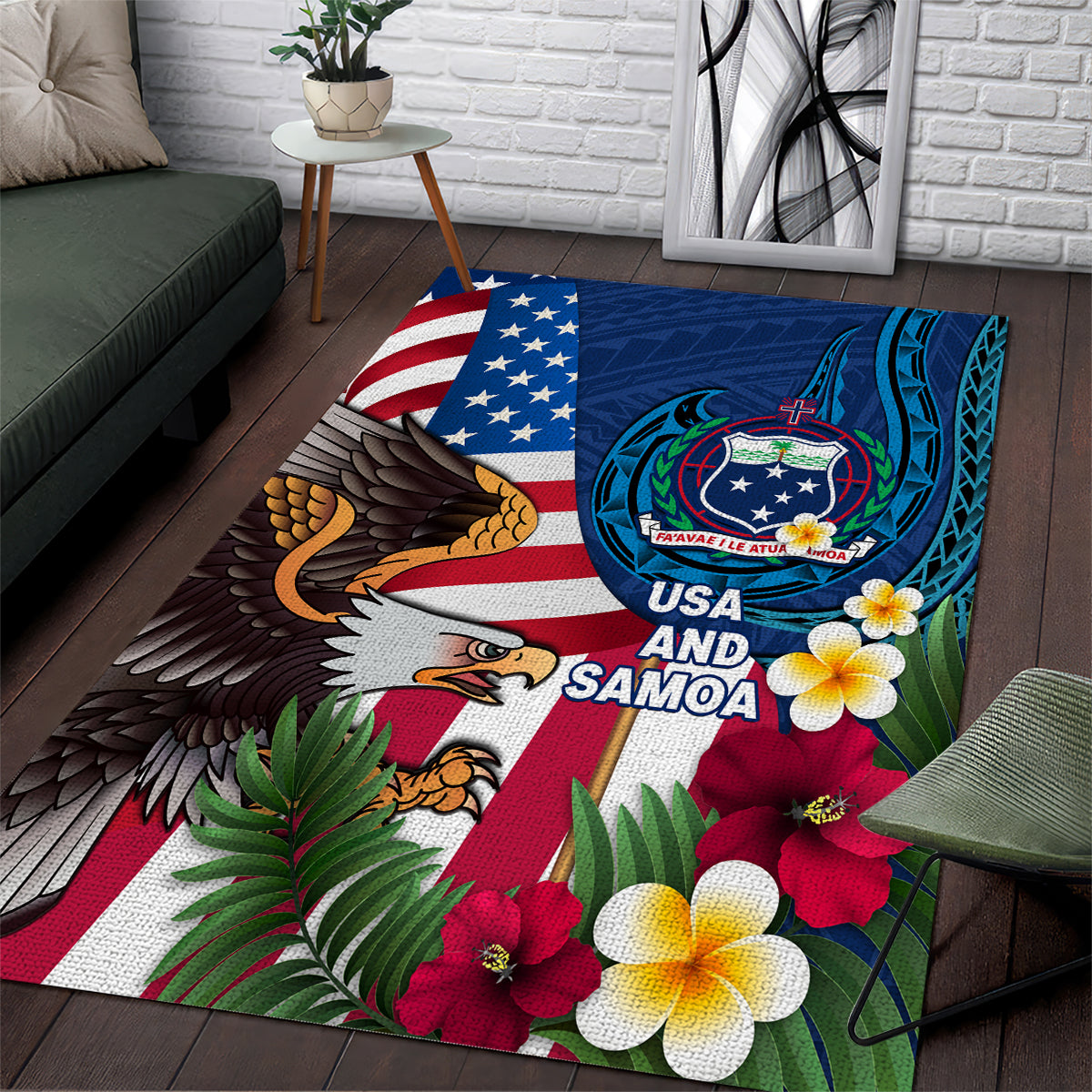 United States And Samoa Area Rug USA Flag Eagle Mix Samoan Coat Of Arms LT14 Blue - Polynesian Pride