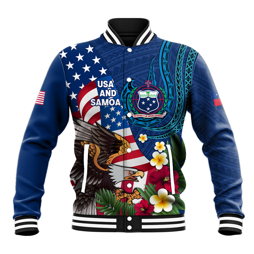 United States And Samoa Baseball Jacket USA Flag Eagle Mix Samoan Coat Of Arms LT14 Unisex Blue - Polynesian Pride