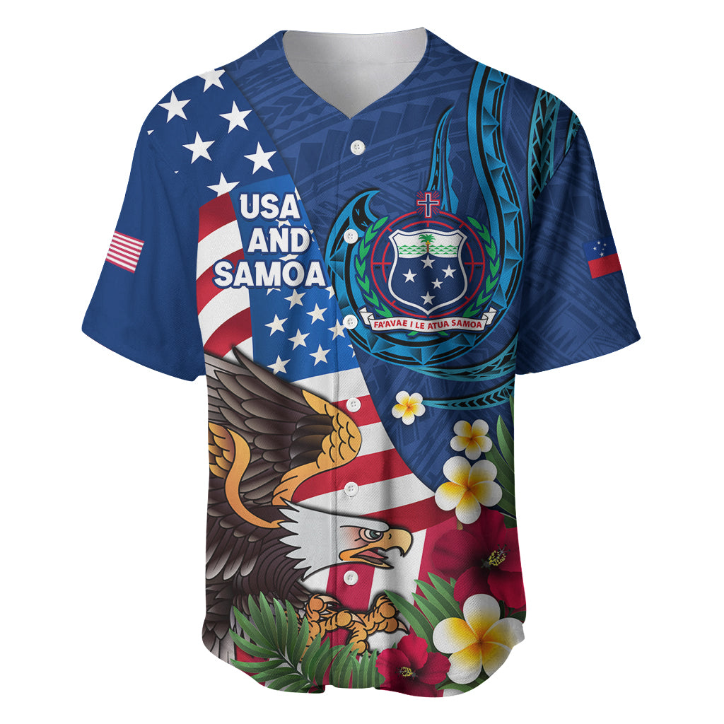 United States And Samoa Baseball Jersey USA Flag Eagle Mix Samoan Coat Of Arms LT14 Blue - Polynesian Pride