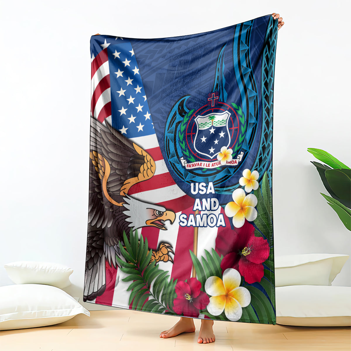 United States And Samoa Blanket USA Flag Eagle Mix Samoan Coat Of Arms LT14 Blue - Polynesian Pride