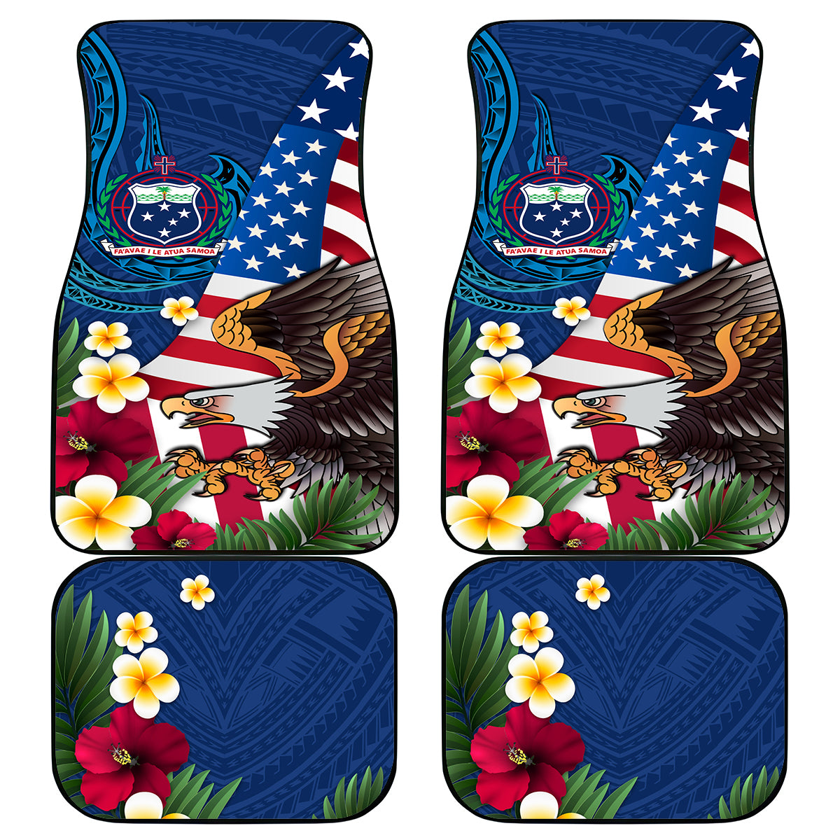 United States And Samoa Car Mats USA Flag Eagle Mix Samoan Coat Of Arms LT14 Blue - Polynesian Pride