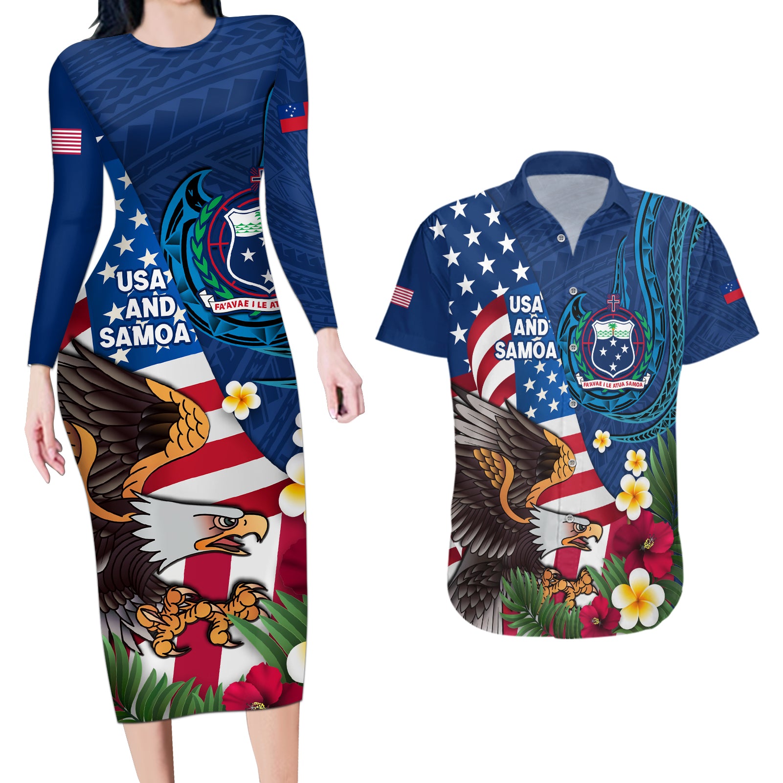 United States And Samoa Couples Matching Long Sleeve Bodycon Dress and Hawaiian Shirt USA Flag Eagle Mix Samoan Coat Of Arms LT14 Blue - Polynesian Pride