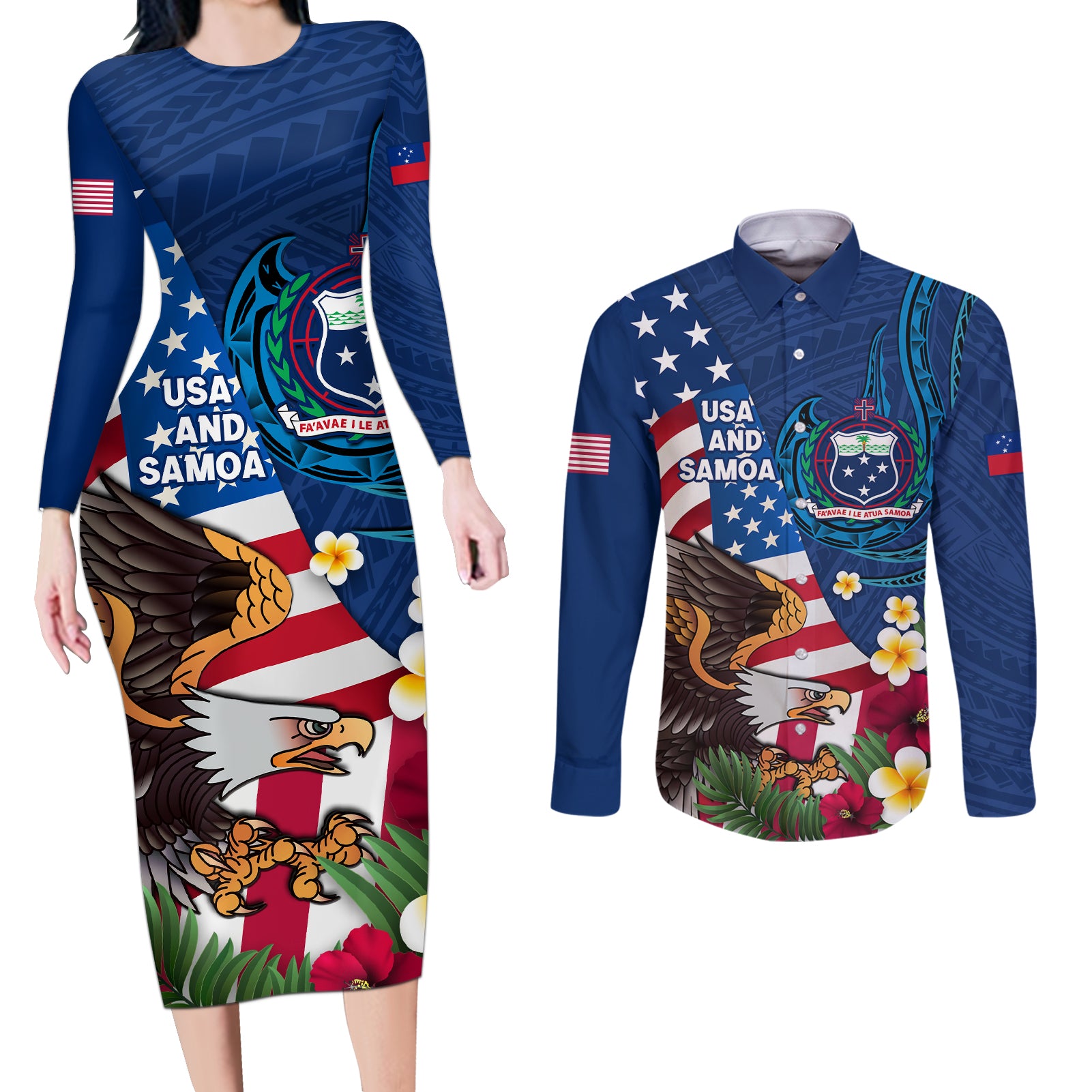 United States And Samoa Couples Matching Long Sleeve Bodycon Dress and Long Sleeve Button Shirt USA Flag Eagle Mix Samoan Coat Of Arms LT14 Blue - Polynesian Pride