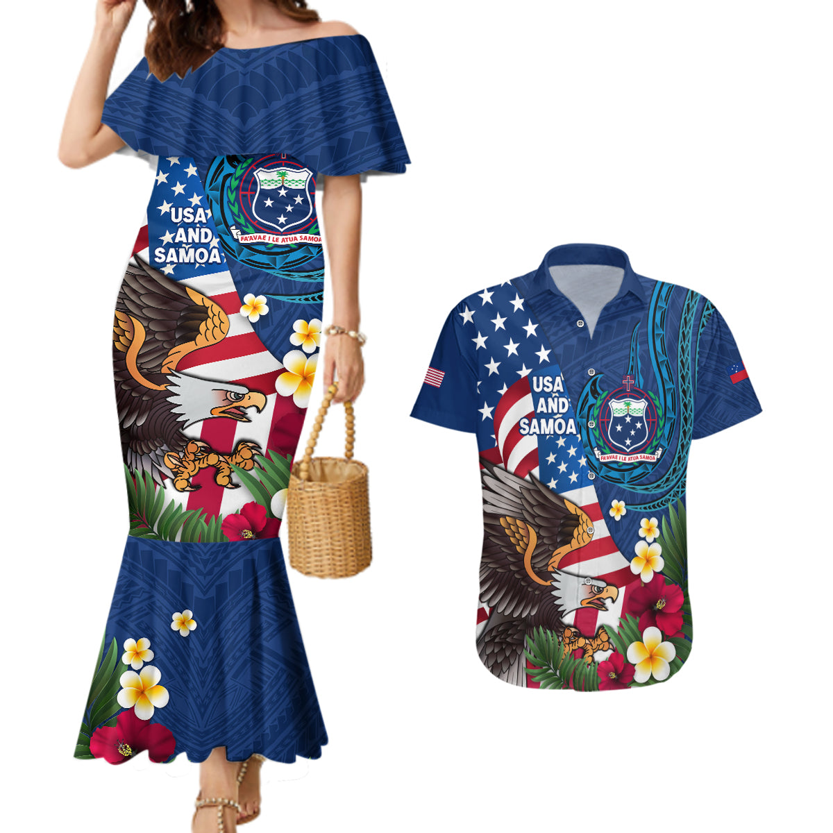 United States And Samoa Couples Matching Mermaid Dress and Hawaiian Shirt USA Flag Eagle Mix Samoan Coat Of Arms LT14 Blue - Polynesian Pride