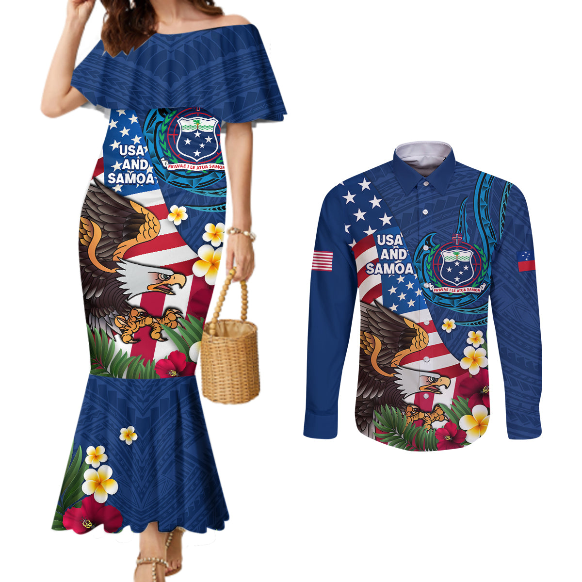 United States And Samoa Couples Matching Mermaid Dress and Long Sleeve Button Shirt USA Flag Eagle Mix Samoan Coat Of Arms LT14 Blue - Polynesian Pride