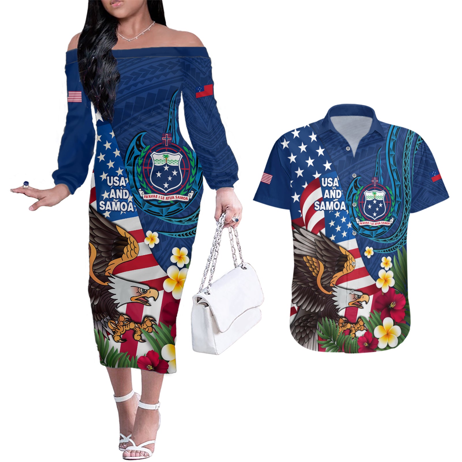 United States And Samoa Couples Matching Off The Shoulder Long Sleeve Dress and Hawaiian Shirt USA Flag Eagle Mix Samoan Coat Of Arms LT14 Blue - Polynesian Pride