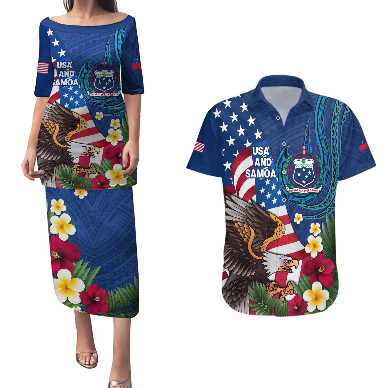 United States And Samoa Couples Matching Puletasi Dress and Hawaiian Shirt USA Flag Eagle Mix Samoan Coat Of Arms LT14 Blue - Polynesian Pride