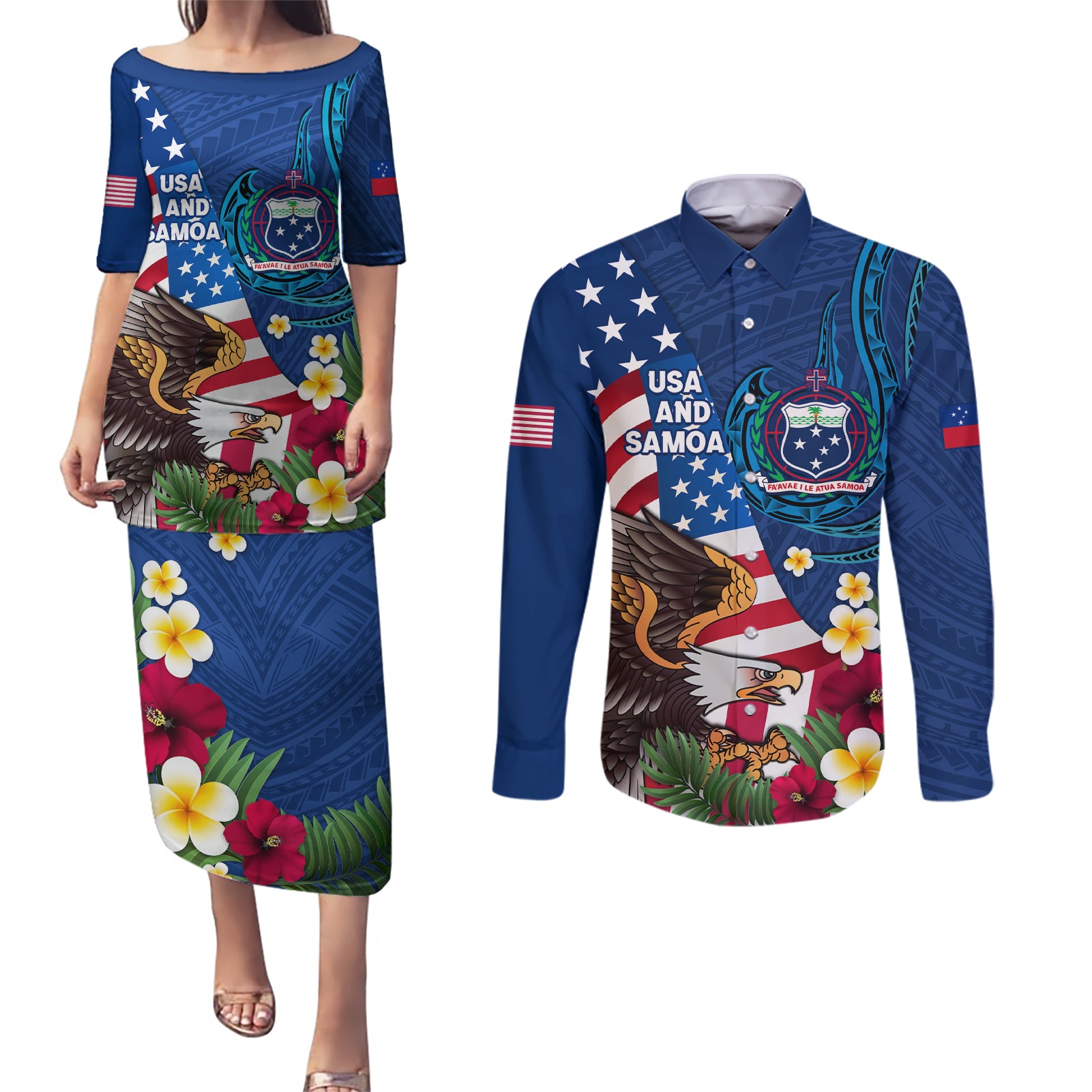 United States And Samoa Couples Matching Puletasi Dress and Long Sleeve Button Shirt USA Flag Eagle Mix Samoan Coat Of Arms LT14 Blue - Polynesian Pride