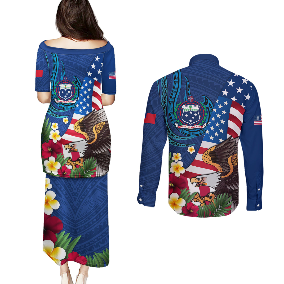 United States And Samoa Couples Matching Puletasi Dress and Long Sleeve Button Shirt USA Flag Eagle Mix Samoan Coat Of Arms LT14 - Polynesian Pride