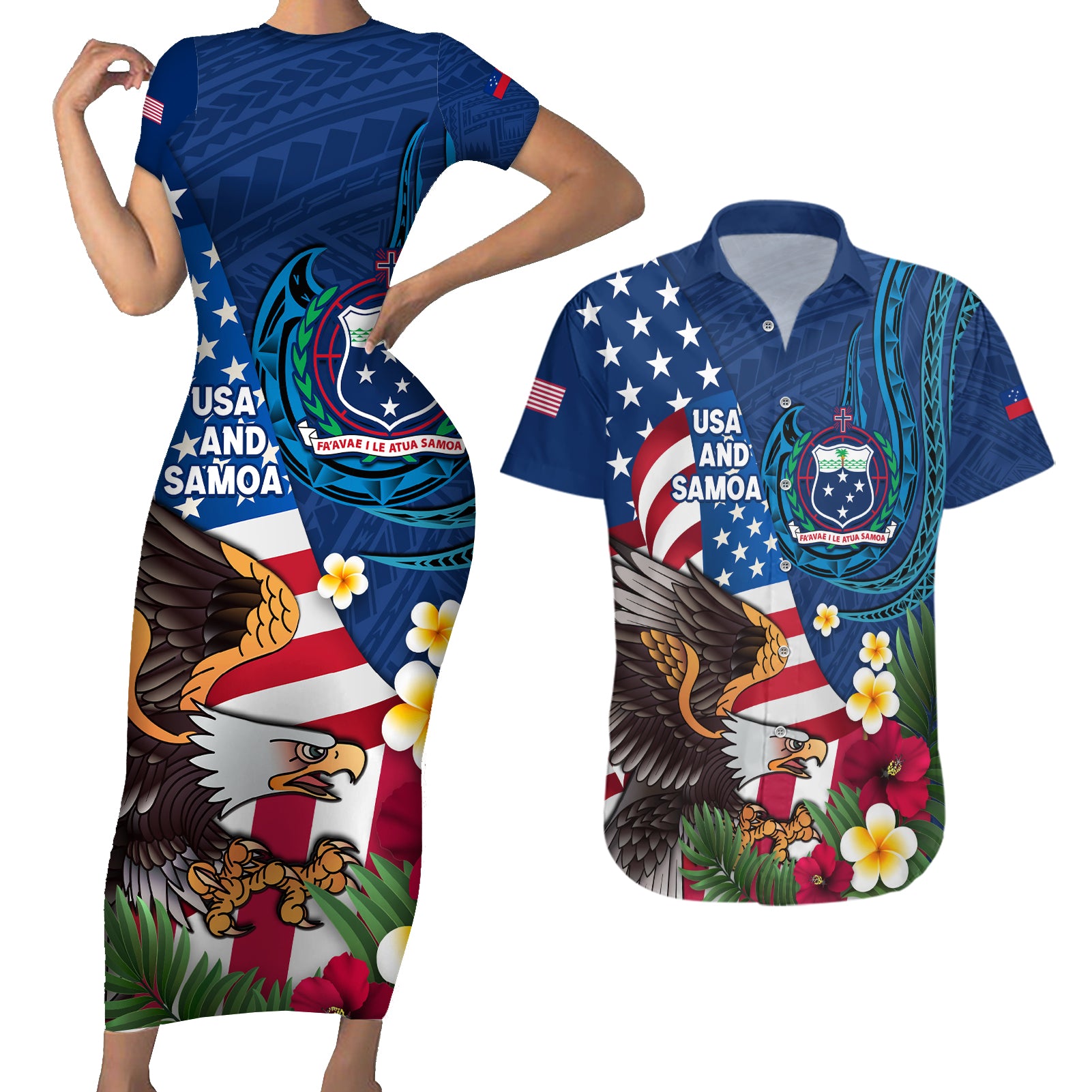 United States And Samoa Couples Matching Short Sleeve Bodycon Dress and Hawaiian Shirt USA Flag Eagle Mix Samoan Coat Of Arms LT14 Blue - Polynesian Pride