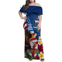 United States And Samoa Family Matching Off Shoulder Maxi Dress and Hawaiian Shirt USA Flag Eagle Mix Samoan Coat Of Arms LT14 Mom's Dress Blue - Polynesian Pride