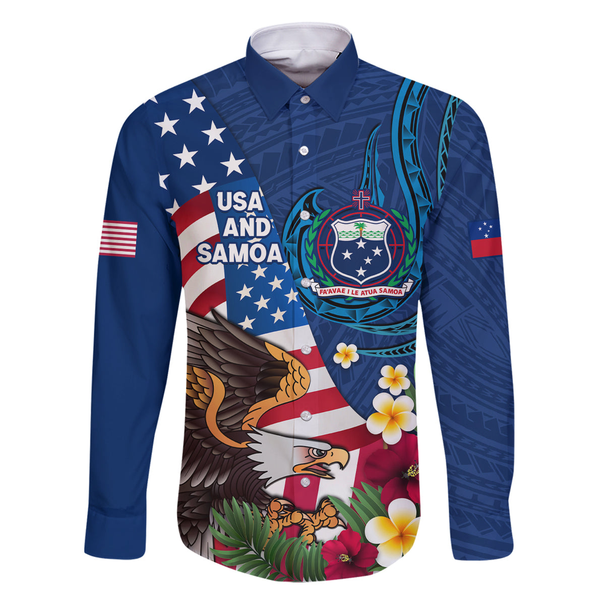 United States And Samoa Family Matching Puletasi Dress and Hawaiian Shirt USA Flag Eagle Mix Samoan Coat Of Arms LT14 Dad's Shirt - Long Sleeve Blue - Polynesian Pride