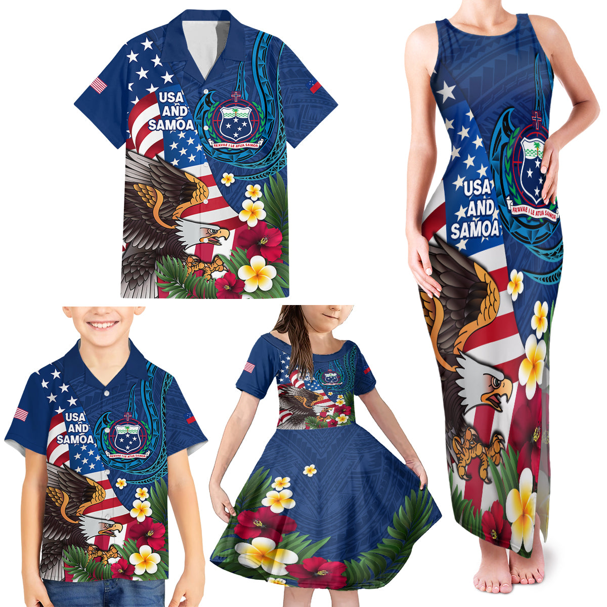 United States And Samoa Family Matching Tank Maxi Dress and Hawaiian Shirt USA Flag Eagle Mix Samoan Coat Of Arms LT14 - Polynesian Pride