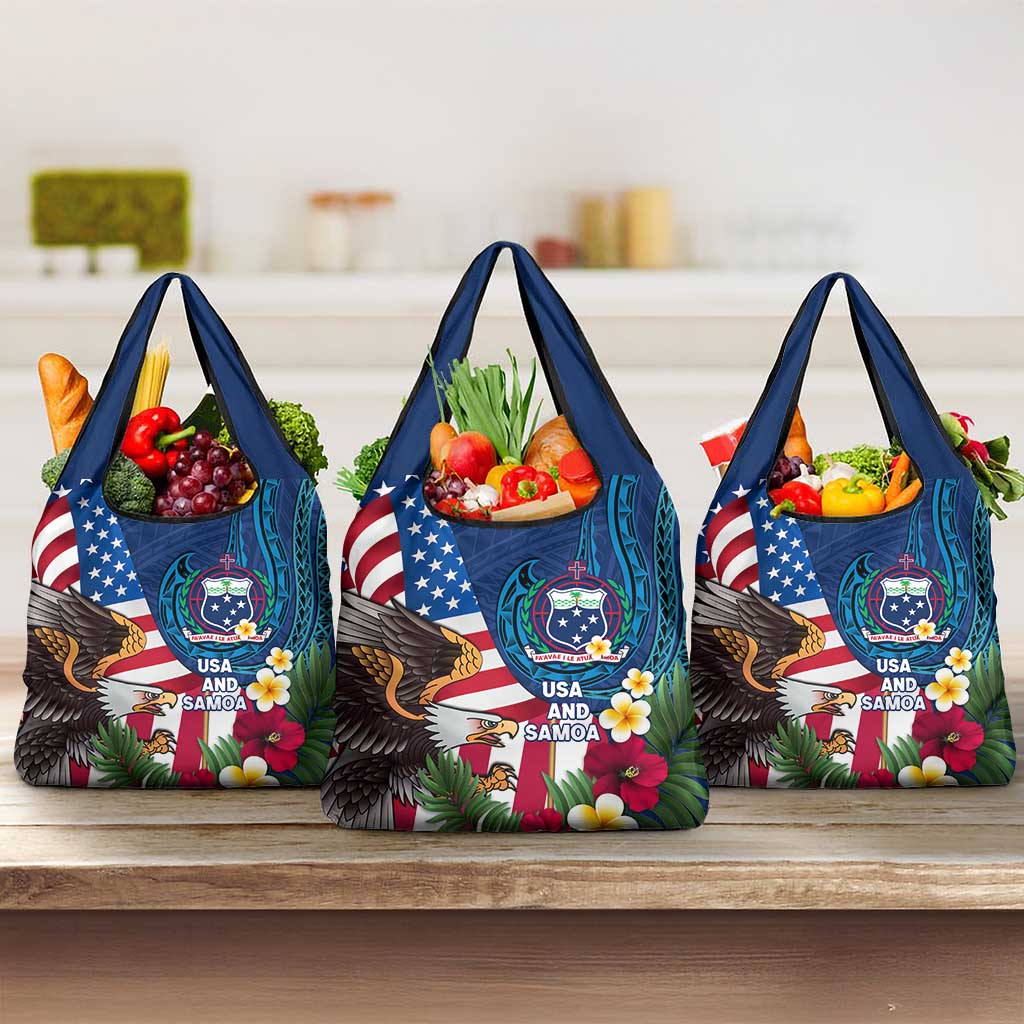 United States And Samoa Grocery Bag USA Flag Eagle Mix Samoan Coat Of Arms LT14 3-pack One Size Blue - Polynesian Pride