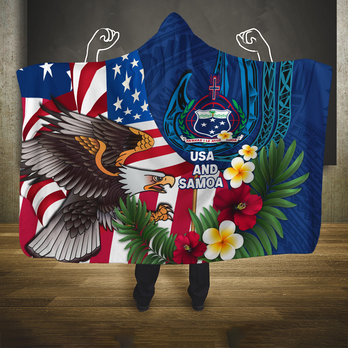 United States And Samoa Hooded Blanket USA Flag Eagle Mix Samoan Coat Of Arms LT14 One Size Blue - Polynesian Pride