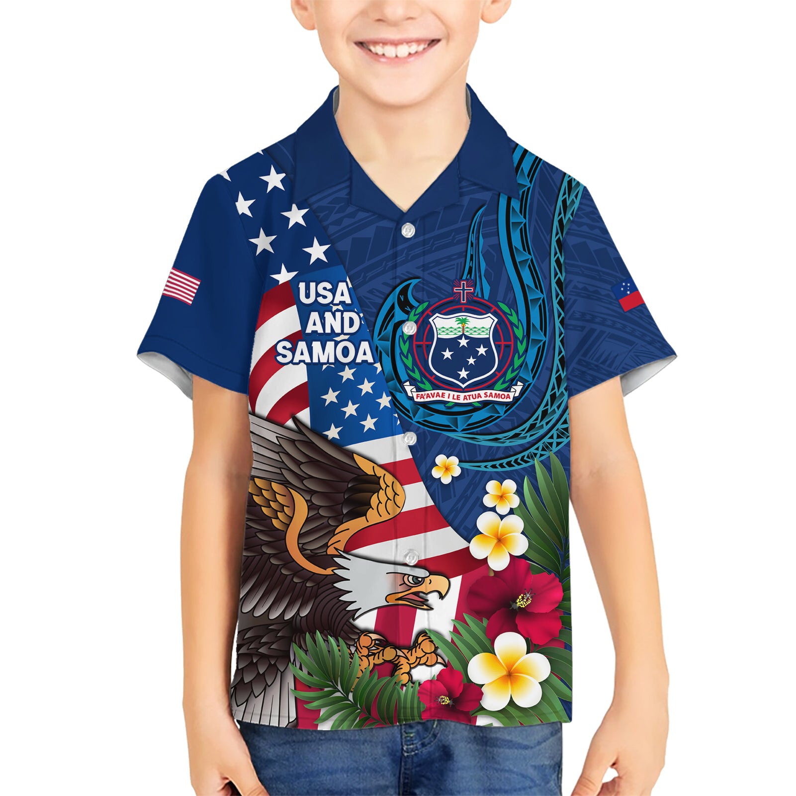 United States And Samoa Kid Hawaiian Shirt USA Flag Eagle Mix Samoan Coat Of Arms LT14 Kid Blue - Polynesian Pride