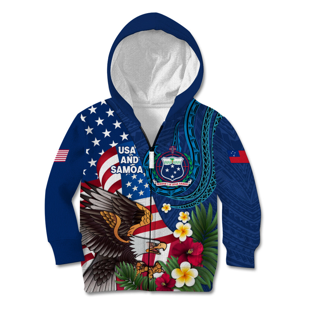 United States And Samoa Kid Hoodie USA Flag Eagle Mix Samoan Coat Of Arms LT14 Zip Hoodie Blue - Polynesian Pride