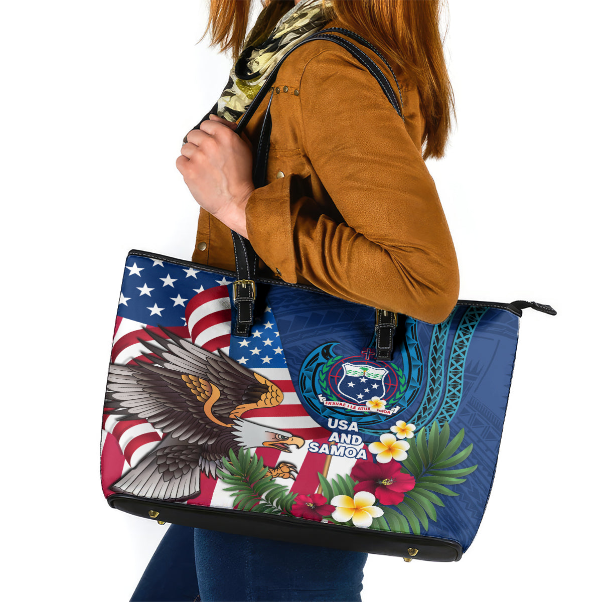 United States And Samoa Leather Tote Bag USA Flag Eagle Mix Samoan Coat Of Arms LT14 Blue - Polynesian Pride