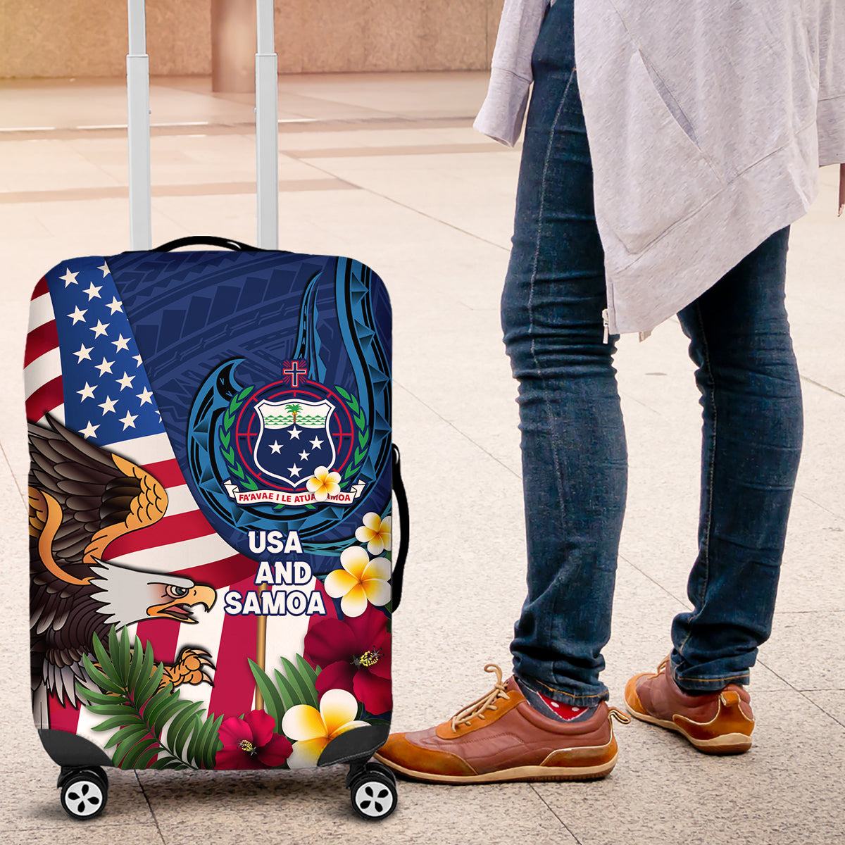 United States And Samoa Luggage Cover USA Flag Eagle Mix Samoan Coat Of Arms LT14 Blue - Polynesian Pride