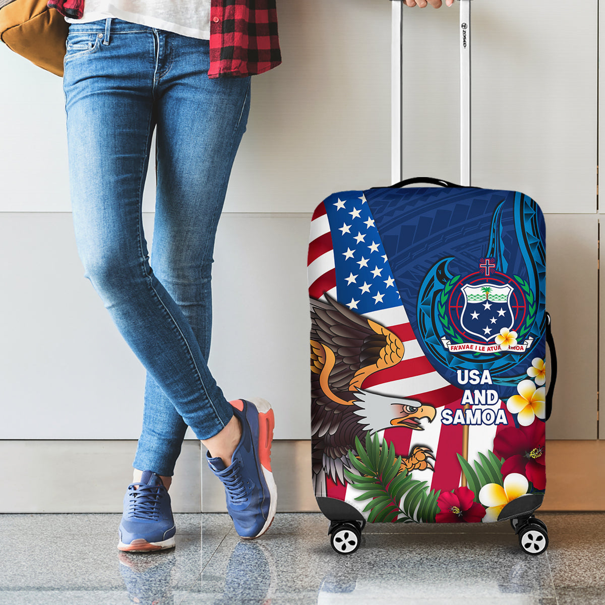 United States And Samoa Luggage Cover USA Flag Eagle Mix Samoan Coat Of Arms LT14 - Polynesian Pride