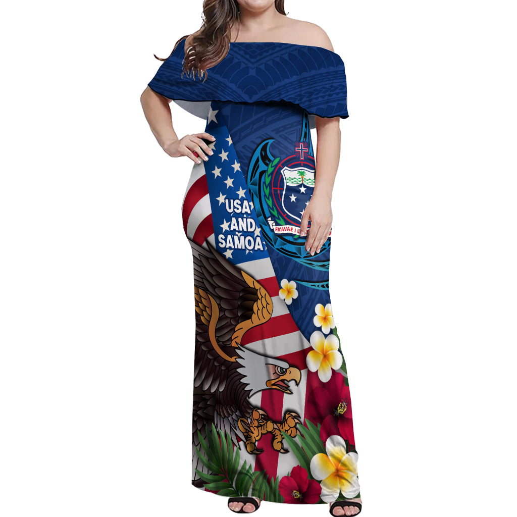 United States And Samoa Off Shoulder Maxi Dress USA Flag Eagle Mix Samoan Coat Of Arms LT14 Women Blue - Polynesian Pride