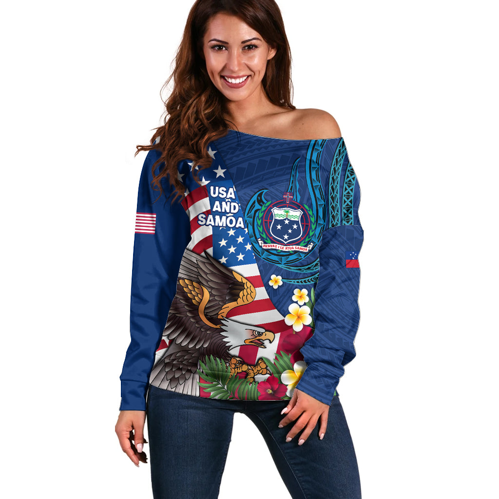 United States And Samoa Off Shoulder Sweater USA Flag Eagle Mix Samoan Coat Of Arms LT14 Women Blue - Polynesian Pride