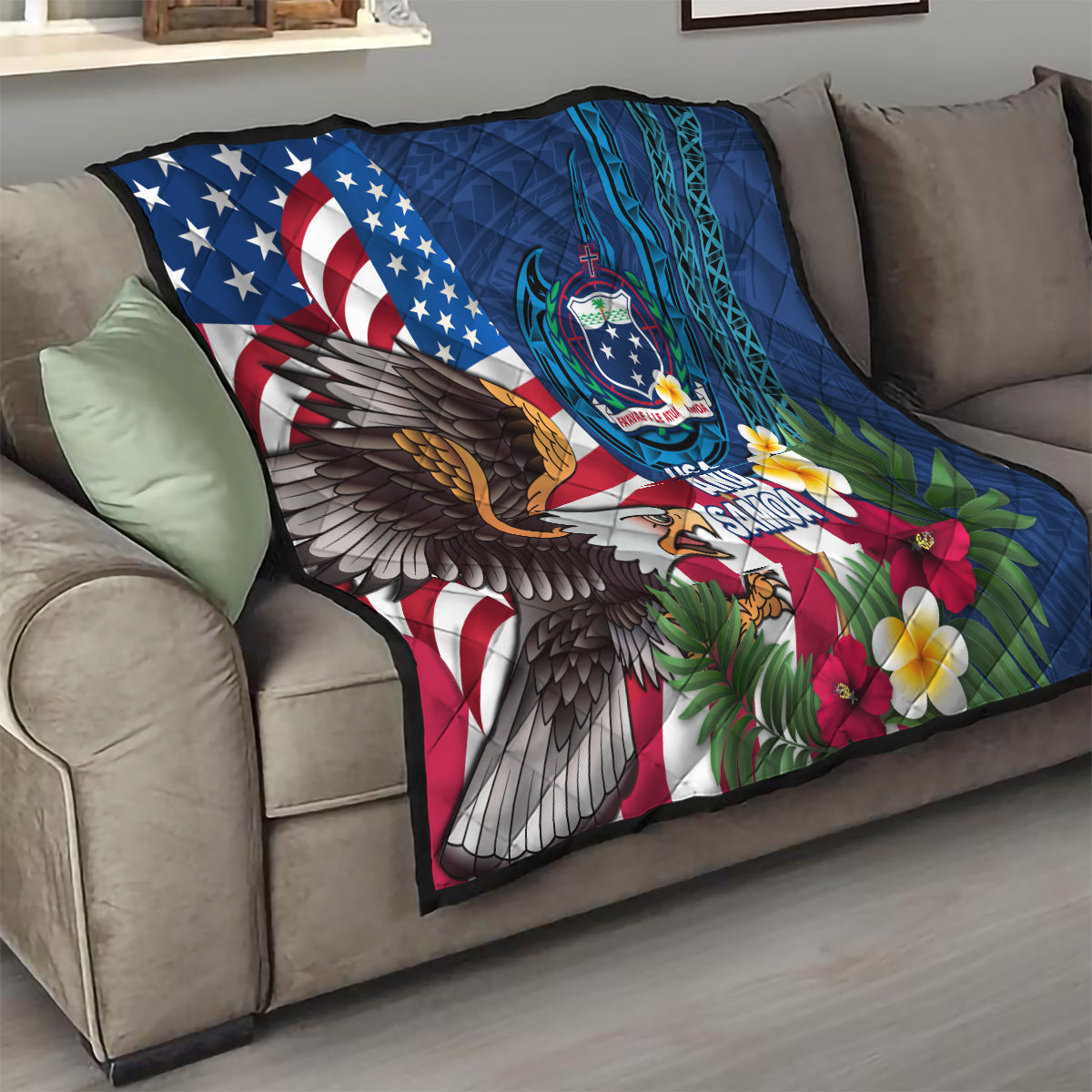 United States And Samoa Quilt USA Flag Eagle Mix Samoan Coat Of Arms LT14 - Polynesian Pride