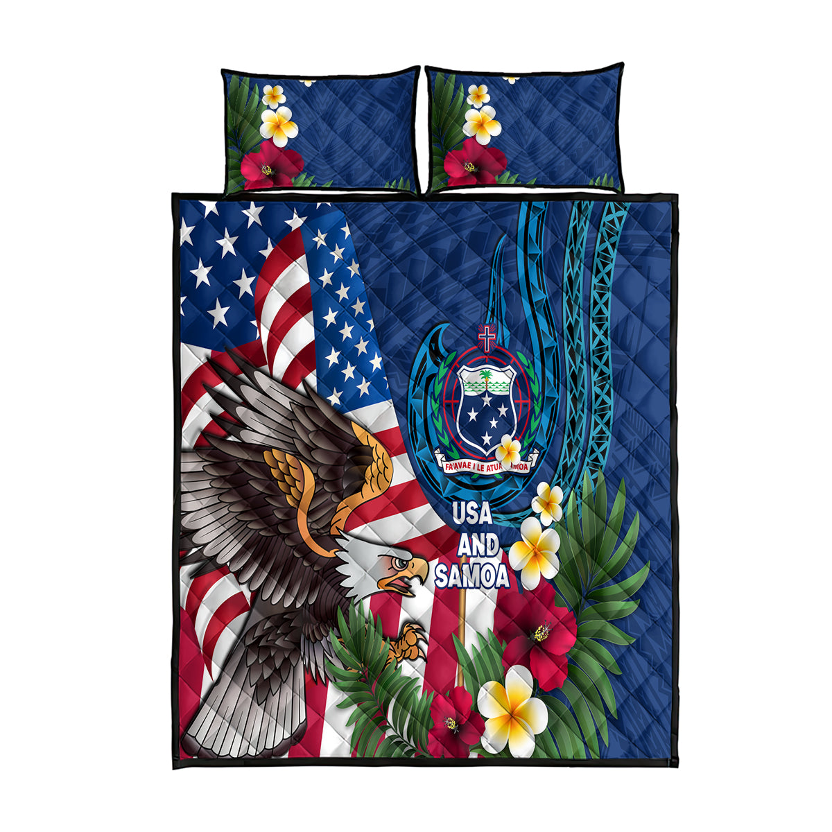 United States And Samoa Quilt Bed Set USA Flag Eagle Mix Samoan Coat Of Arms LT14 Blue - Polynesian Pride