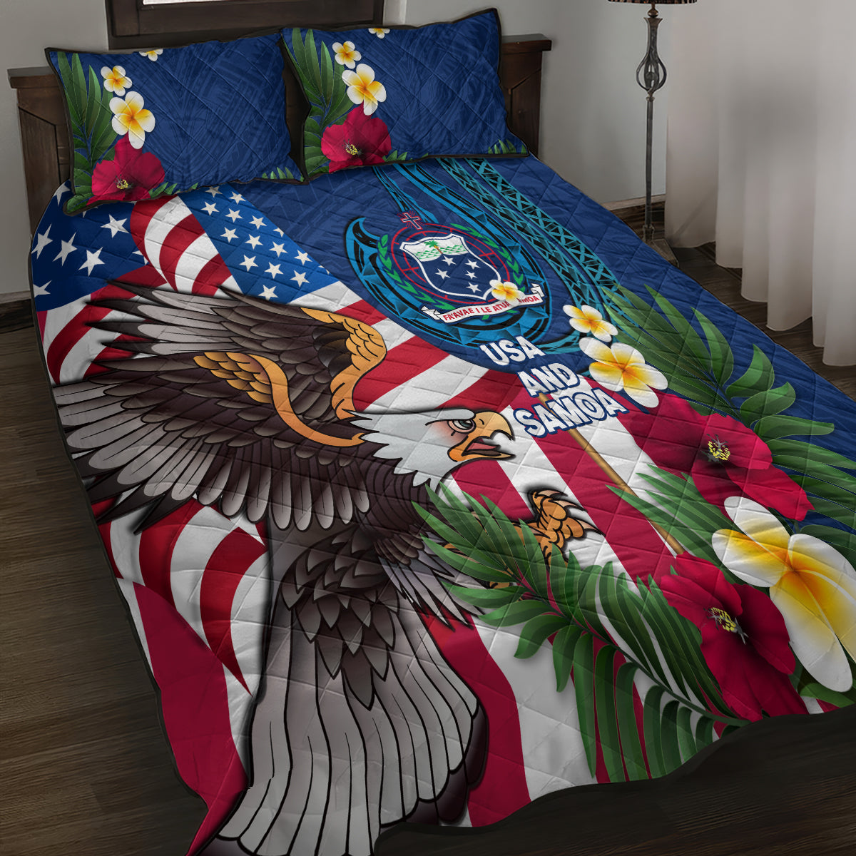 United States And Samoa Quilt Bed Set USA Flag Eagle Mix Samoan Coat Of Arms LT14 - Polynesian Pride