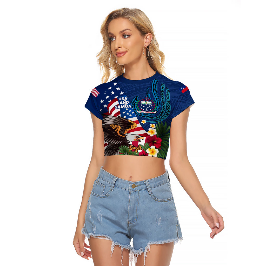 United States And Samoa Raglan Cropped T Shirt USA Flag Eagle Mix Samoan Coat Of Arms LT14 Female Blue - Polynesian Pride