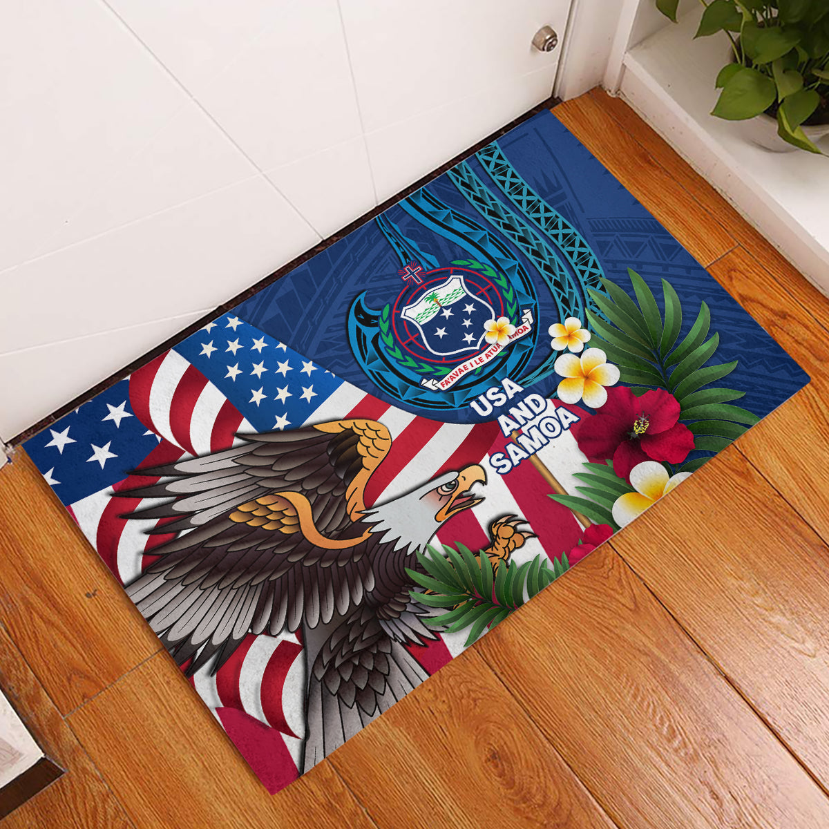 United States And Samoa Rubber Doormat USA Flag Eagle Mix Samoan Coat Of Arms LT14 Blue - Polynesian Pride