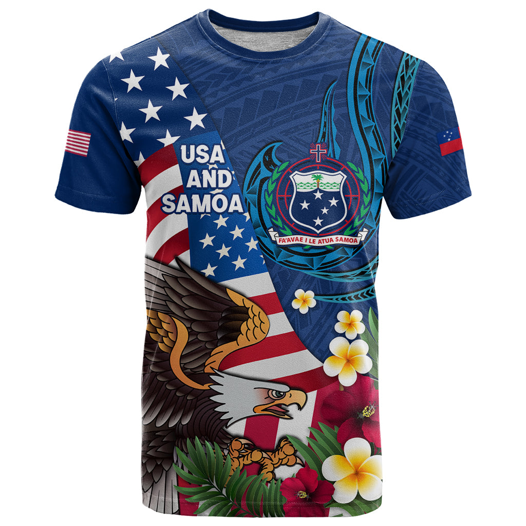 United States And Samoa T Shirt USA Flag Eagle Mix Samoan Coat Of Arms LT14 Blue - Polynesian Pride