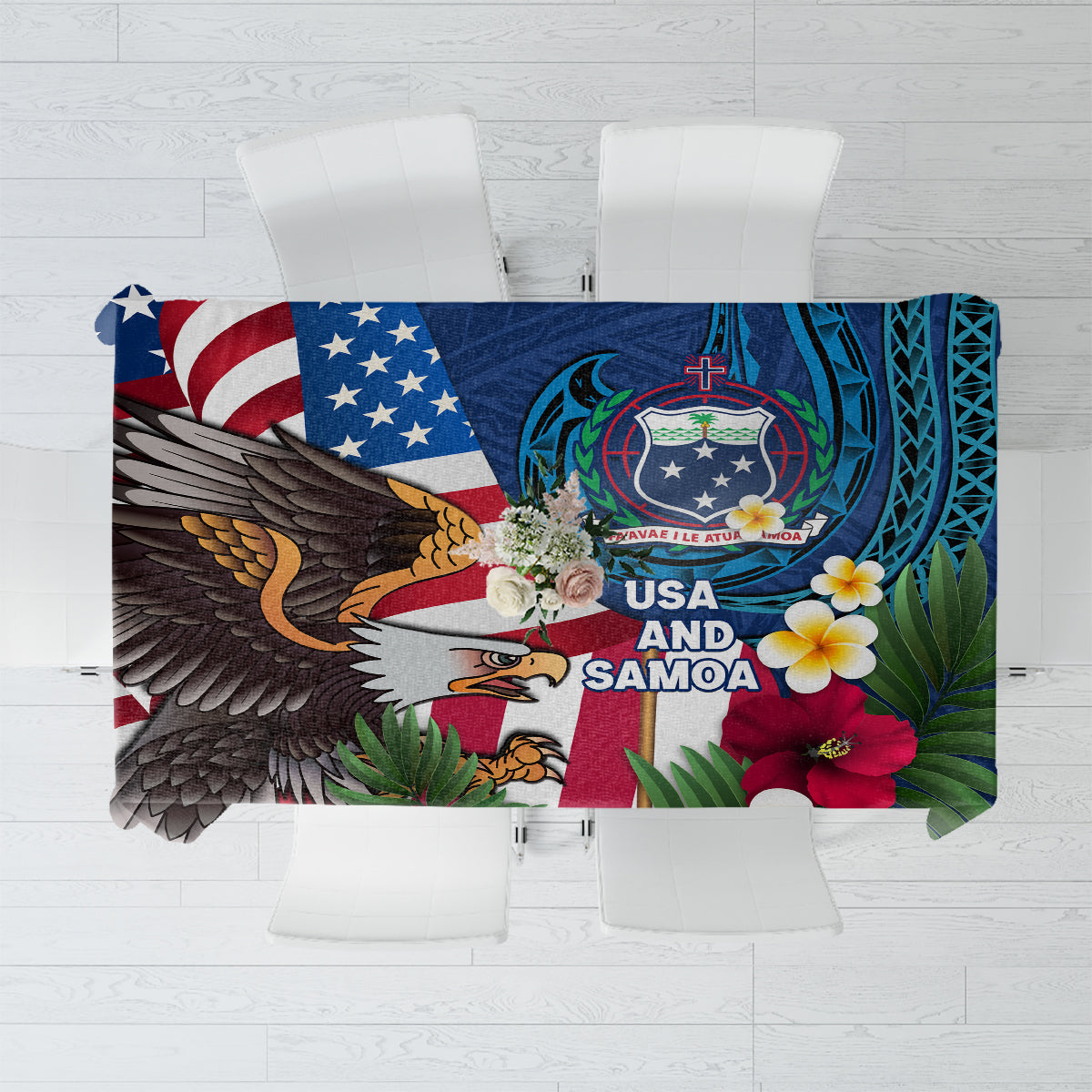 United States And Samoa Tablecloth USA Flag Eagle Mix Samoan Coat Of Arms LT14 Blue - Polynesian Pride