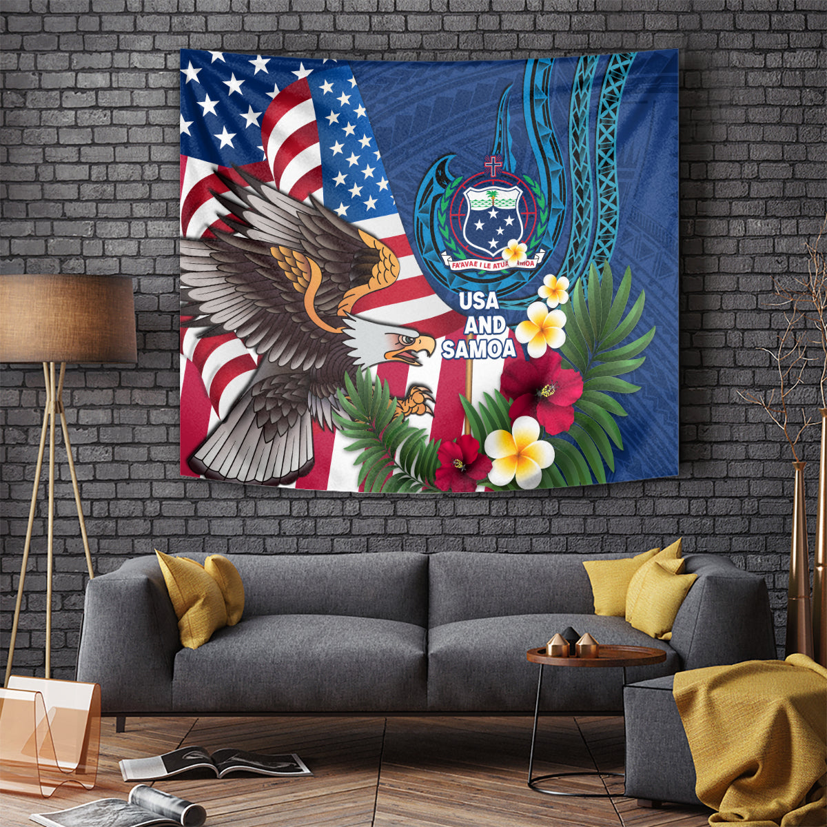 United States And Samoa Tapestry USA Flag Eagle Mix Samoan Coat Of Arms LT14 Blue - Polynesian Pride