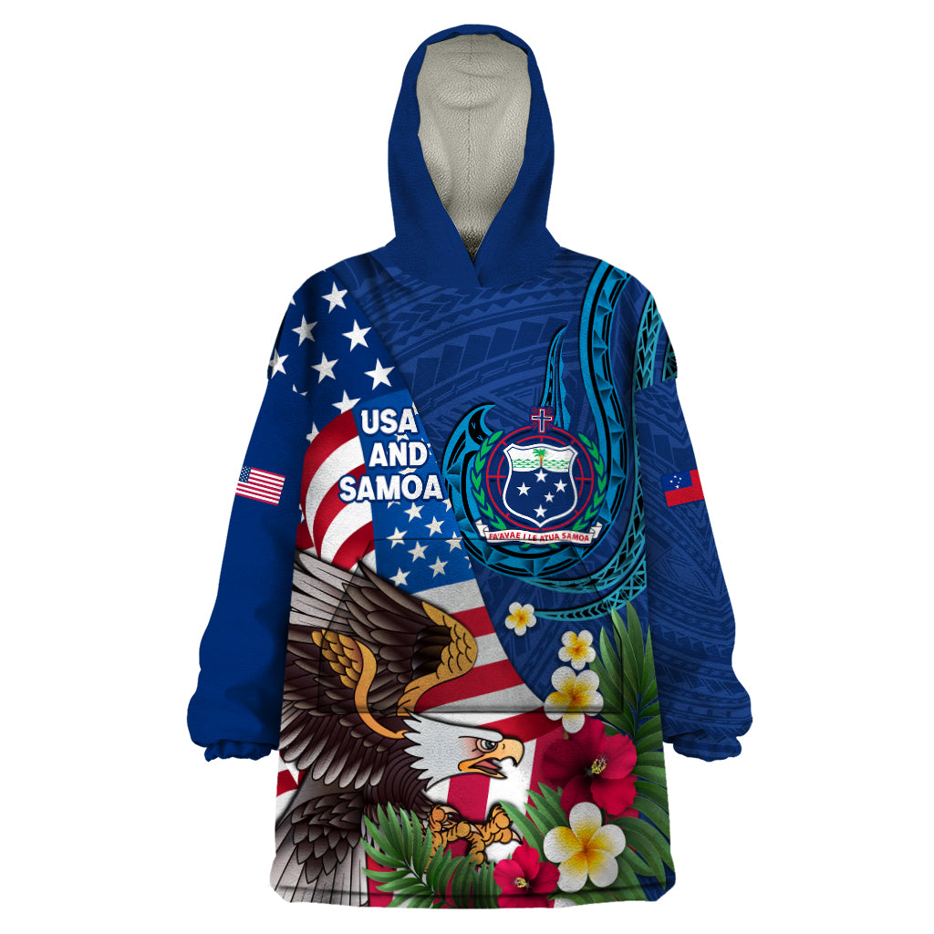 United States And Samoa Wearable Blanket Hoodie USA Flag Eagle Mix Samoan Coat Of Arms LT14 One Size Blue - Polynesian Pride