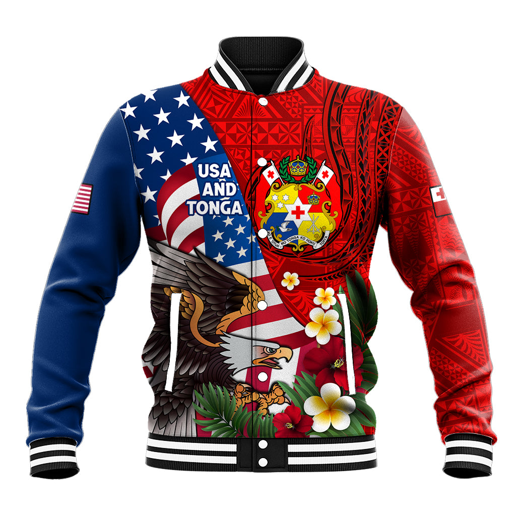 United States And Tonga Baseball Jacket USA Flag Eagle Mix Tongan Coat Of Arms Ngatu Pattern LT14 Unisex Blue - Polynesian Pride