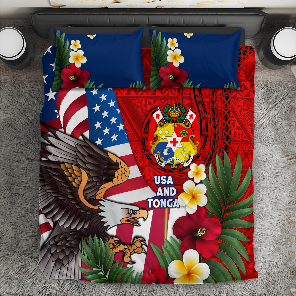 United States And Tonga Bedding Set USA Flag Eagle Mix Tongan Coat Of Arms Ngatu Pattern LT14 Blue - Polynesian Pride