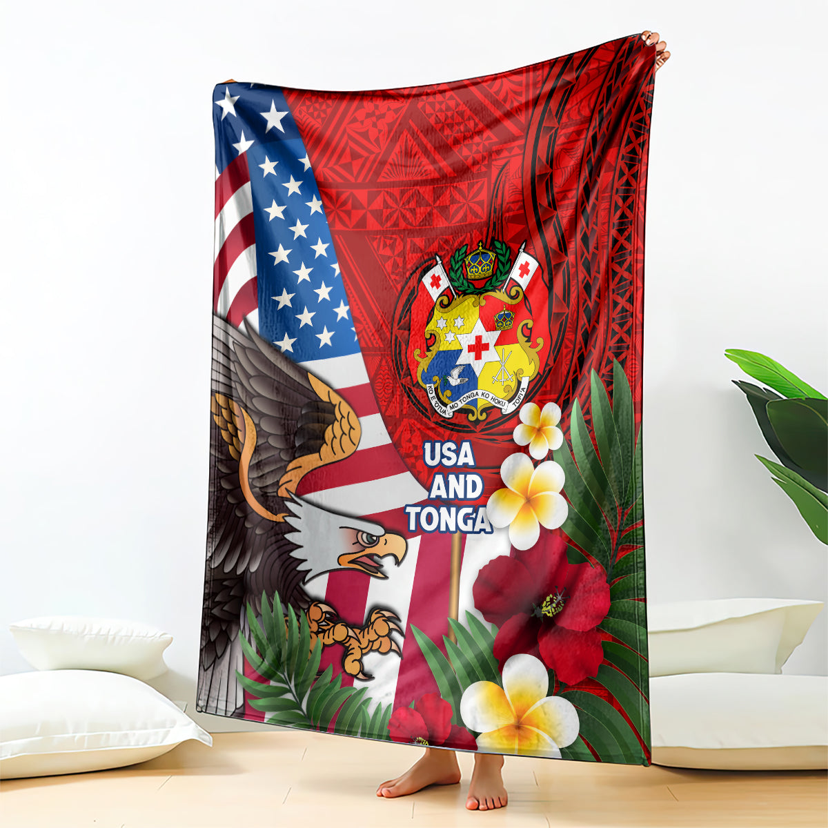 United States And Tonga Blanket USA Flag Eagle Mix Tongan Coat Of Arms Ngatu Pattern LT14 Blue - Polynesian Pride