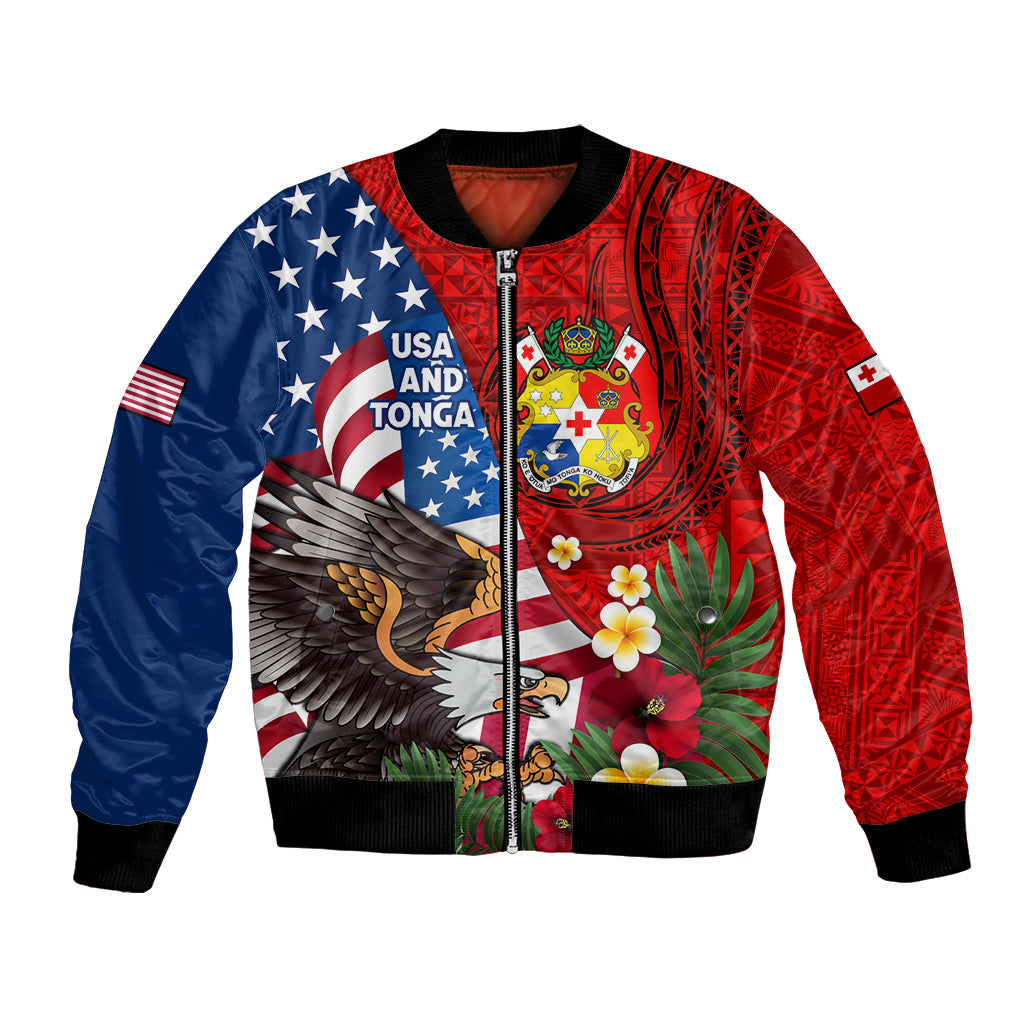 United States And Tonga Bomber Jacket USA Flag Eagle Mix Tongan Coat Of Arms Ngatu Pattern LT14 Unisex Blue - Polynesian Pride