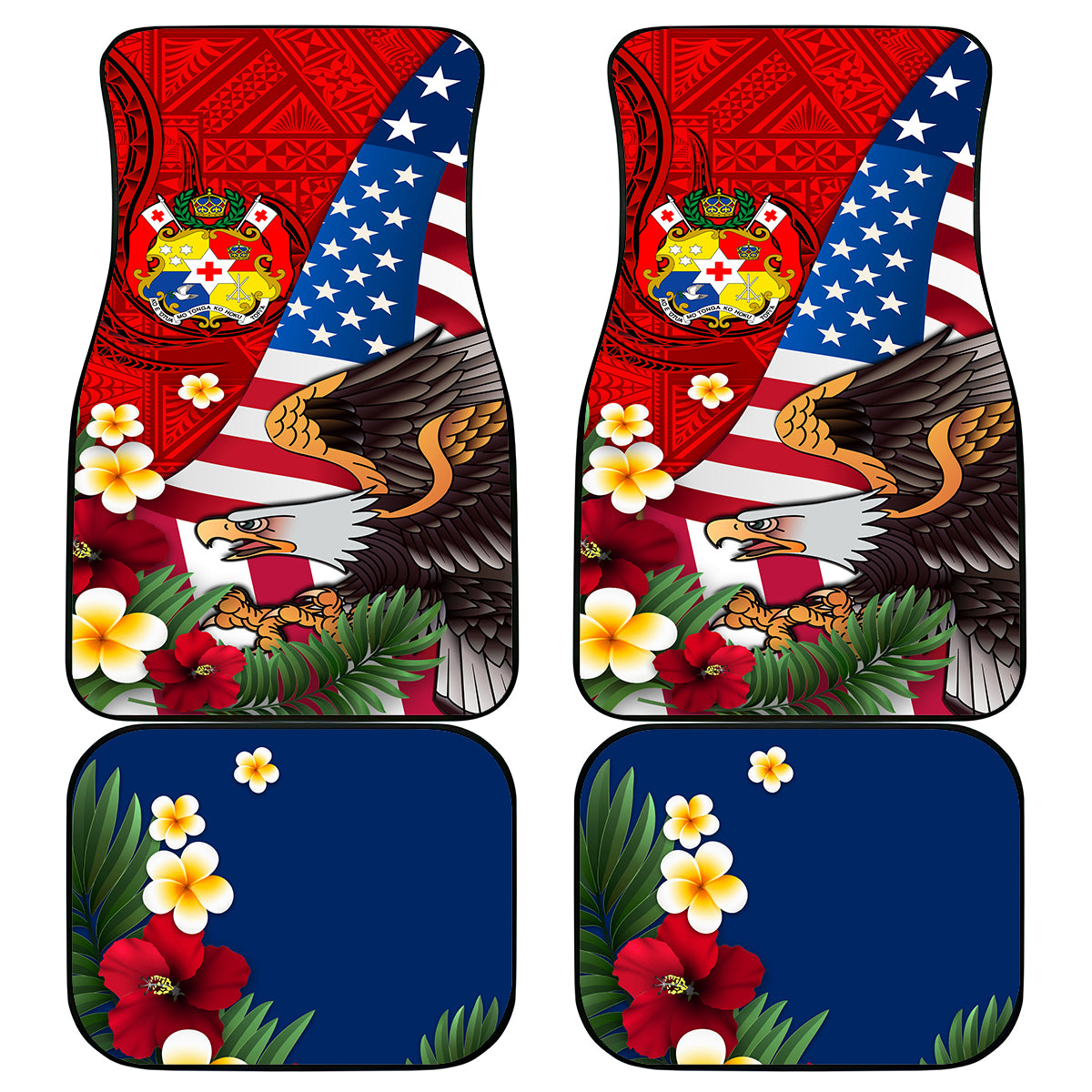 United States And Tonga Car Mats USA Flag Eagle Mix Tongan Coat Of Arms Ngatu Pattern LT14 Blue - Polynesian Pride