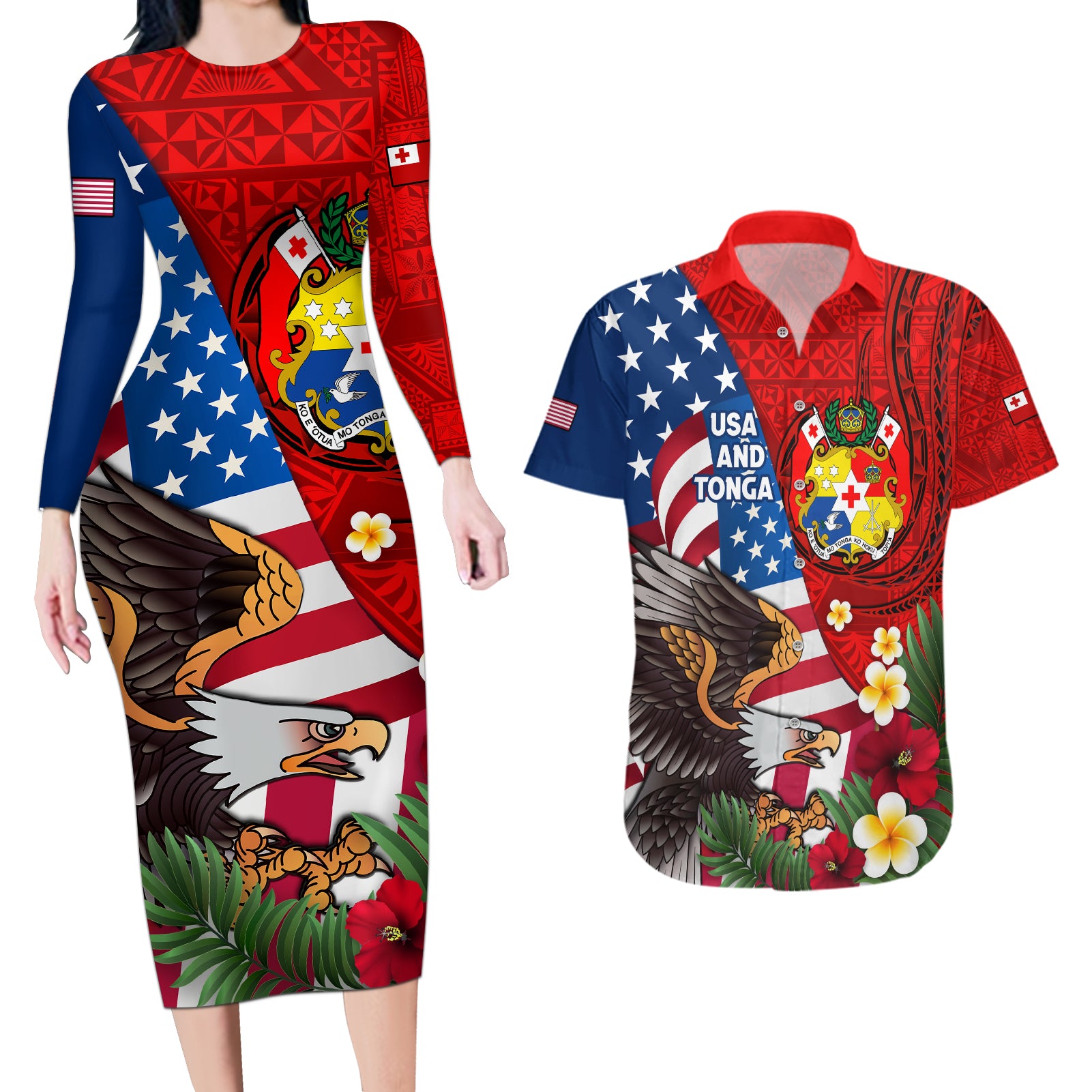 United States And Tonga Couples Matching Long Sleeve Bodycon Dress and Hawaiian Shirt USA Flag Eagle Mix Tongan Coat Of Arms Ngatu Pattern LT14 Blue - Polynesian Pride