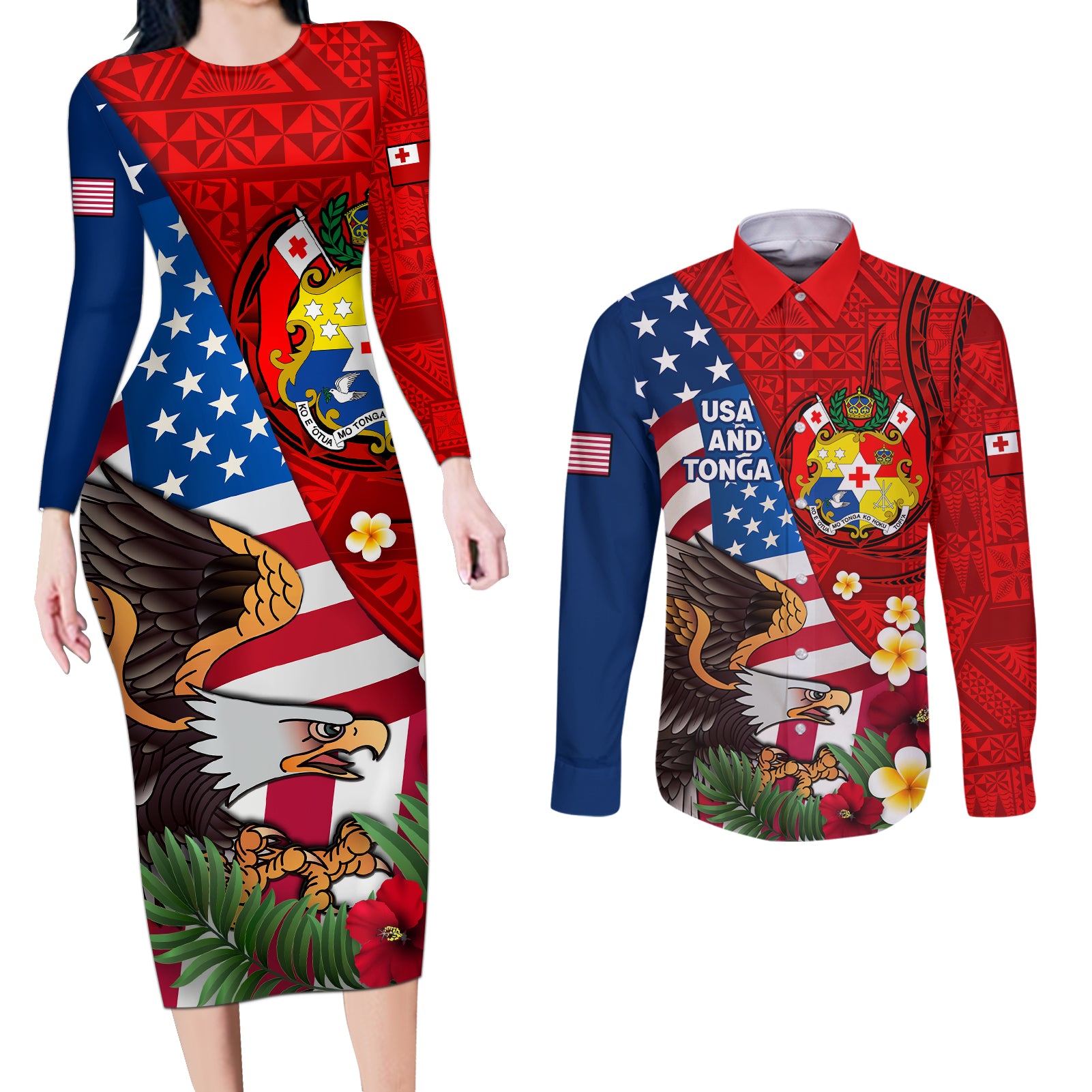 United States And Tonga Couples Matching Long Sleeve Bodycon Dress and Long Sleeve Button Shirt USA Flag Eagle Mix Tongan Coat Of Arms Ngatu Pattern LT14 Blue - Polynesian Pride