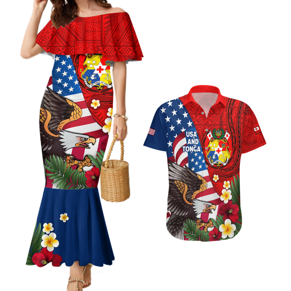 United States And Tonga Couples Matching Mermaid Dress and Hawaiian Shirt USA Flag Eagle Mix Tongan Coat Of Arms Ngatu Pattern LT14 Blue - Polynesian Pride