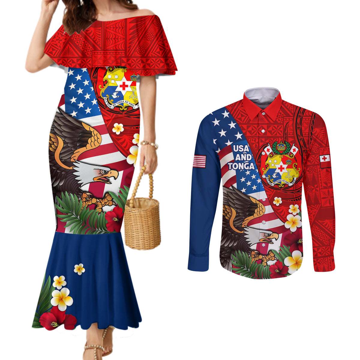 United States And Tonga Couples Matching Mermaid Dress and Long Sleeve Button Shirt USA Flag Eagle Mix Tongan Coat Of Arms Ngatu Pattern LT14 Blue - Polynesian Pride